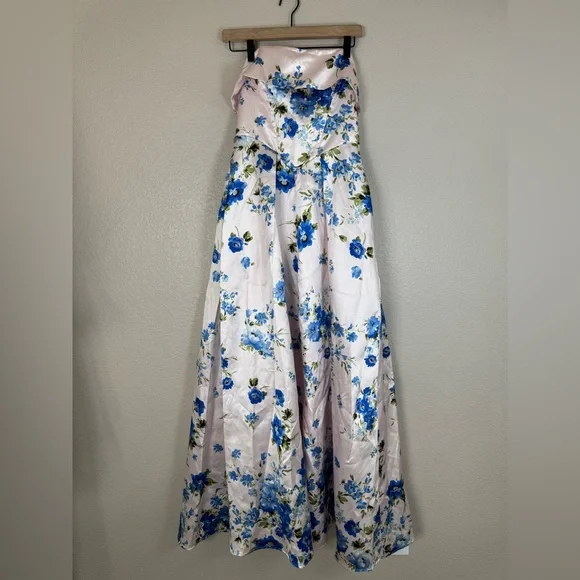Anthropologie if By Sea Strapless Blue Floral Gown size Medium $129 - Picture 6 of 16